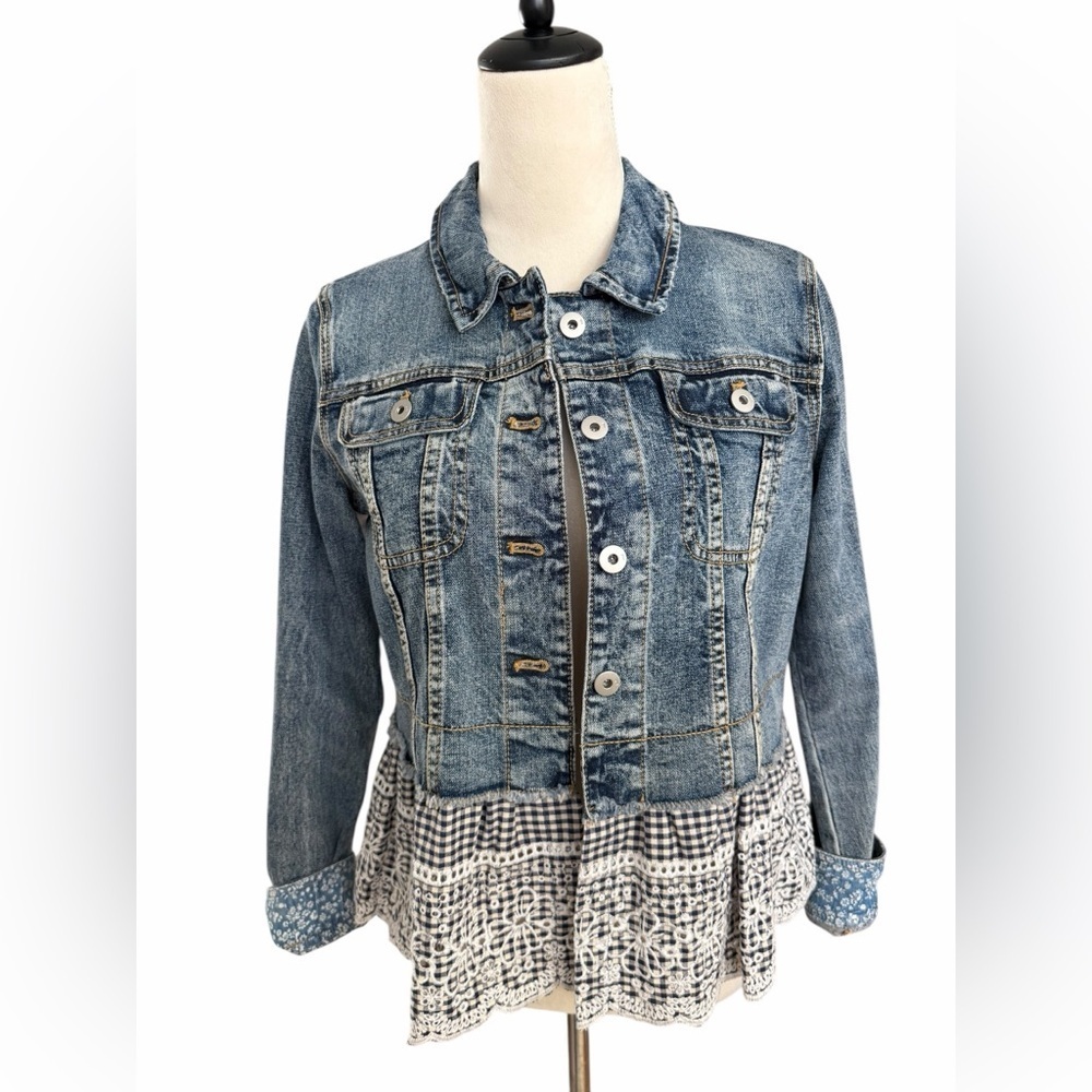 Pilcro and the Letterpress peplum romantic Denim eyelet gingham Jean Jacket